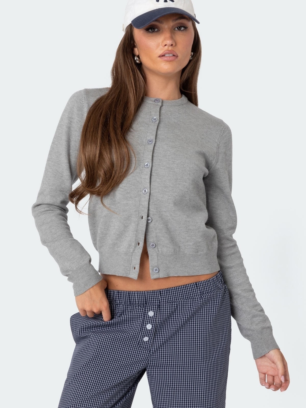 Edikted Gray Crewneck Button-Up Cardigan